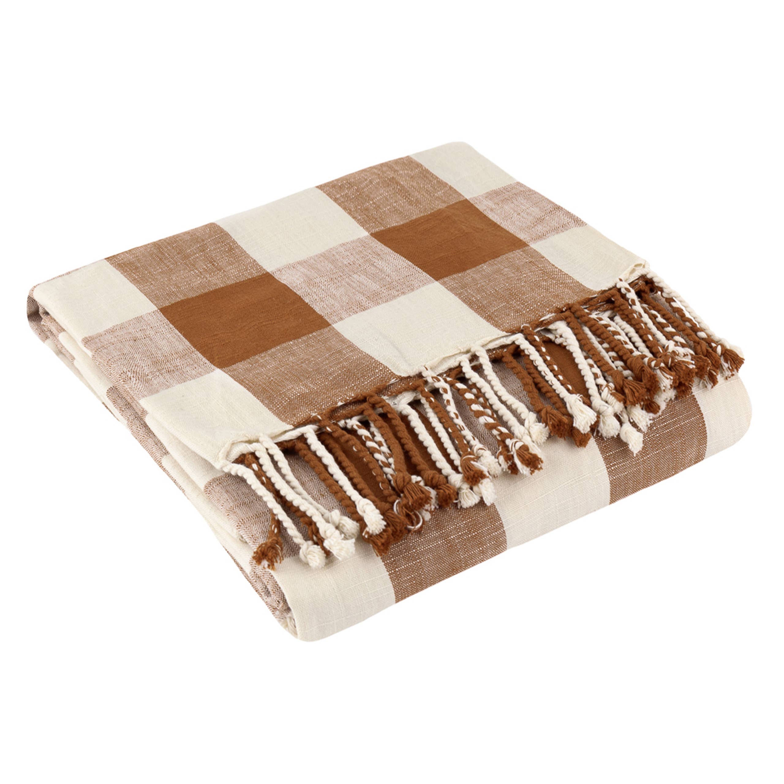 Chesil Check 100% Pecan Cotton Fringed Throw