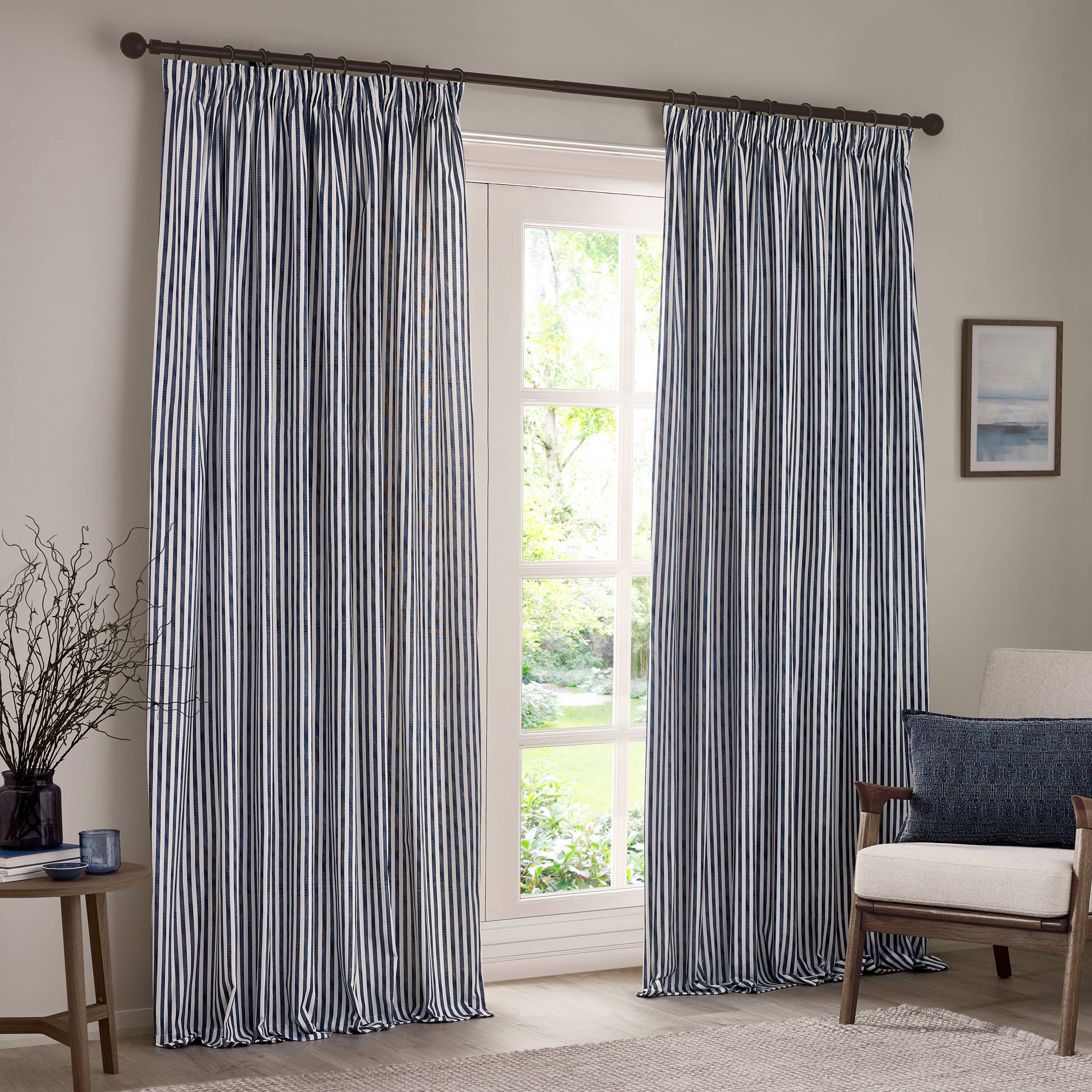 Hebden Curtains, navy stripe