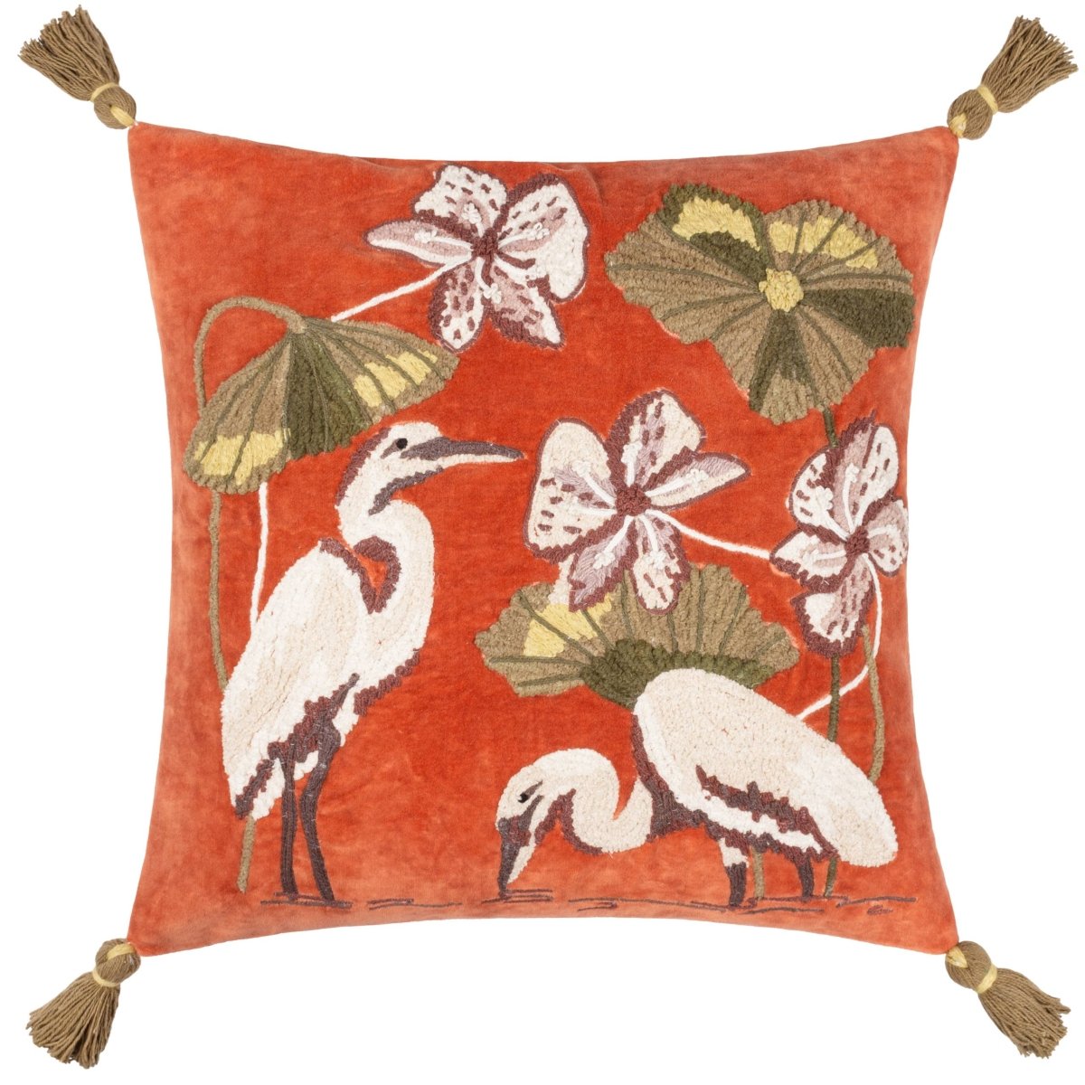 Coussin Kushiro corail brodé de grues blanches - boutique décoration Montreal