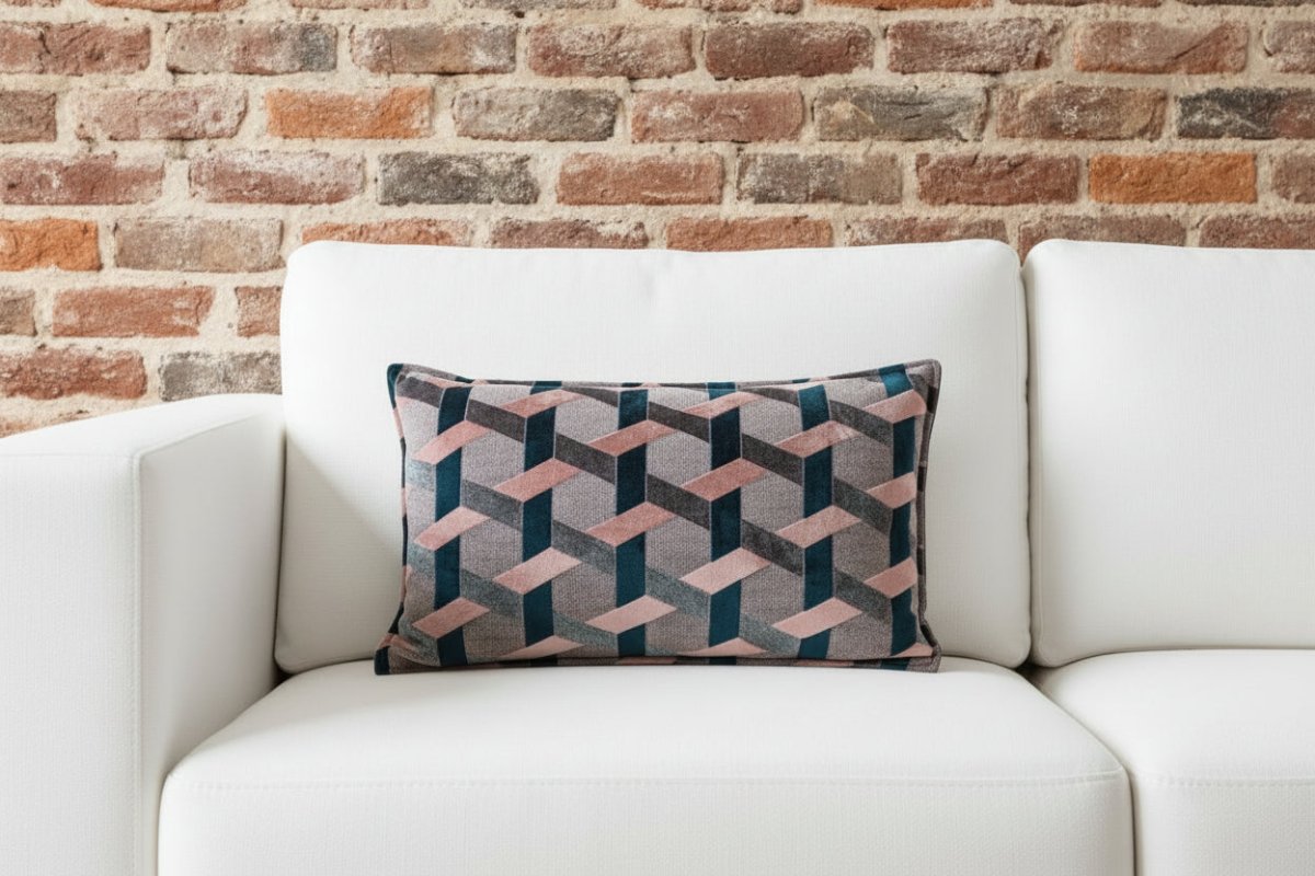 Coussin Lorenzo Jacquard en velours Delano Blush/Navy - boutique décoration Montreal