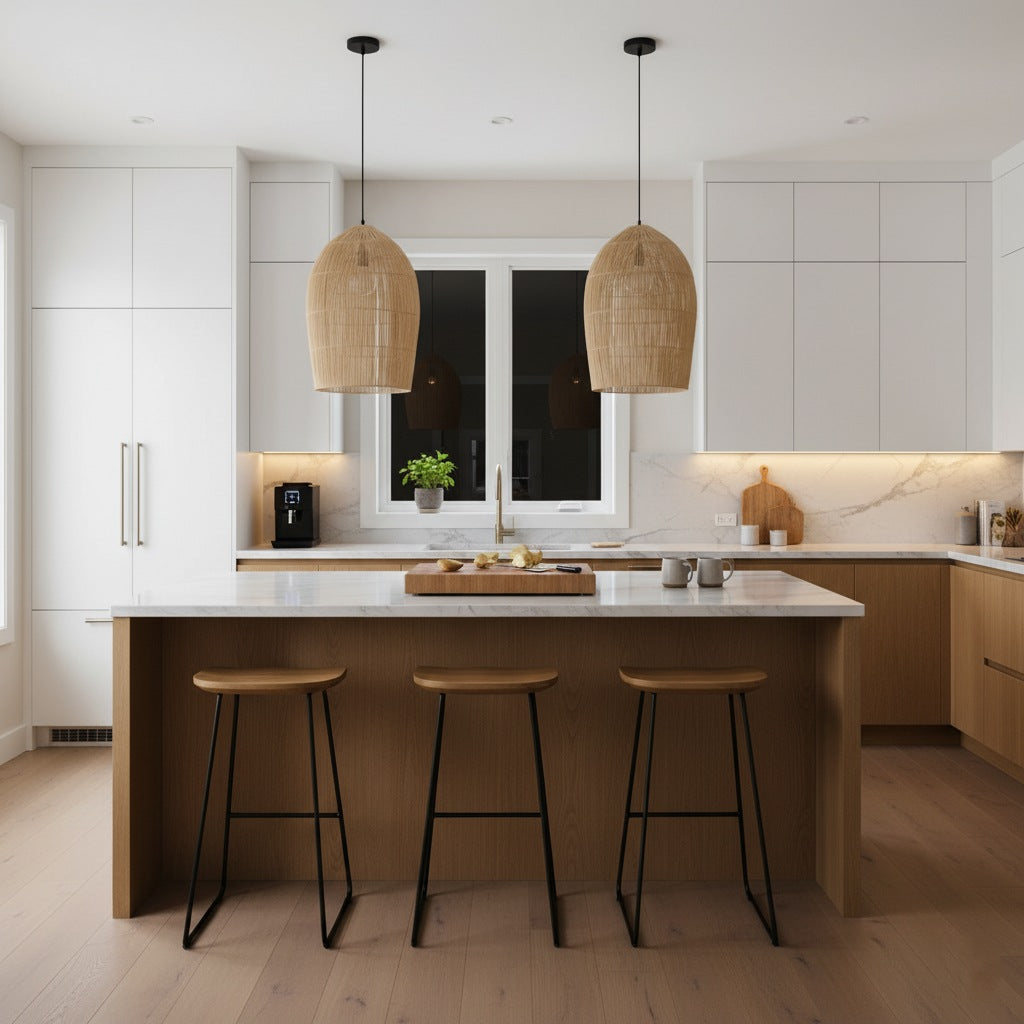 luminaire cuisine ilot central, suspension en rotin