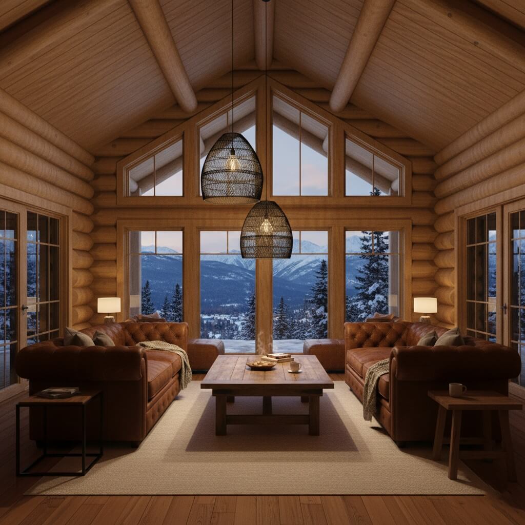luminaire lune noir en rotin, suspendu dans la salon, chalet à la montagne