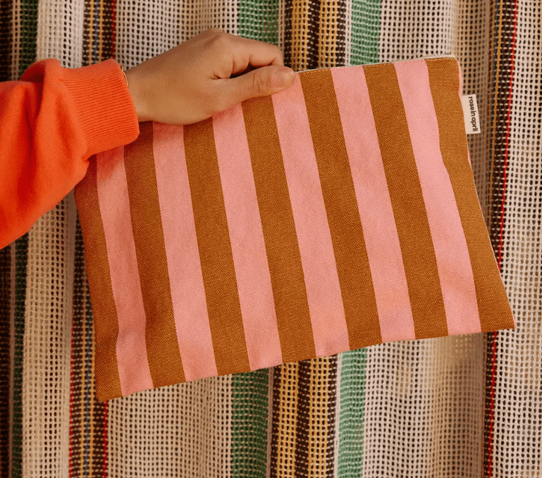 Pochette LILI - Rayures Caramel et Rose - boutique décoration Montreal