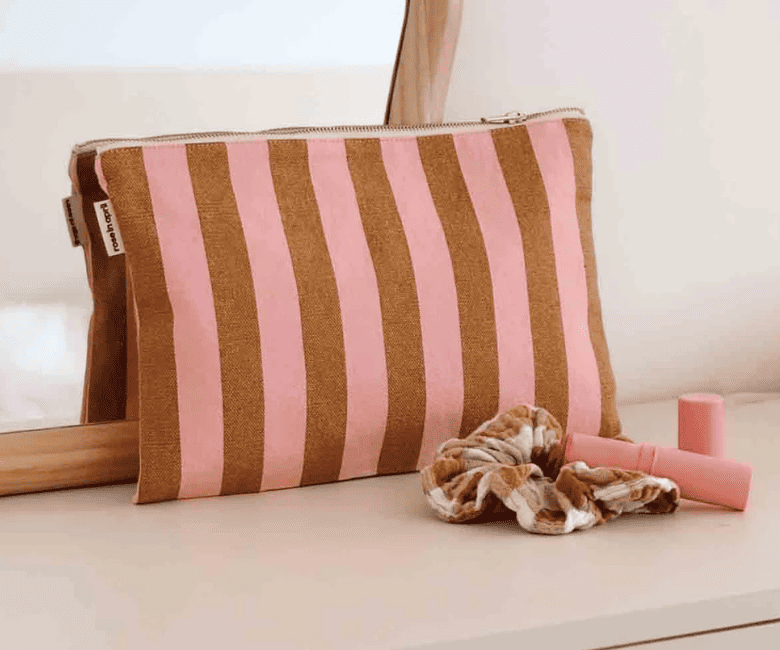 Pochette LILI - Rayures Caramel et Rose - boutique décoration Montreal