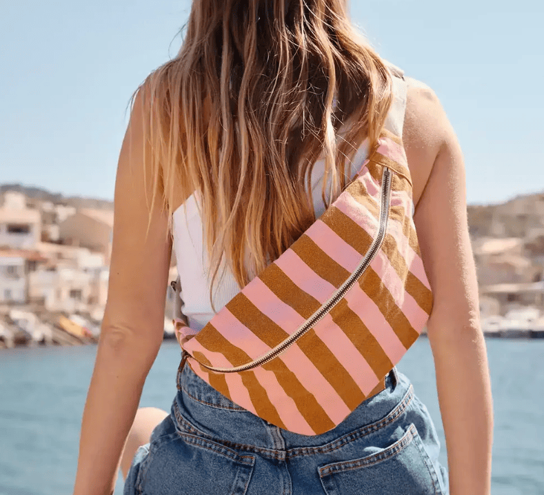 Sac Banane - Rayures Caramel - Rose - boutique décoration Montreal