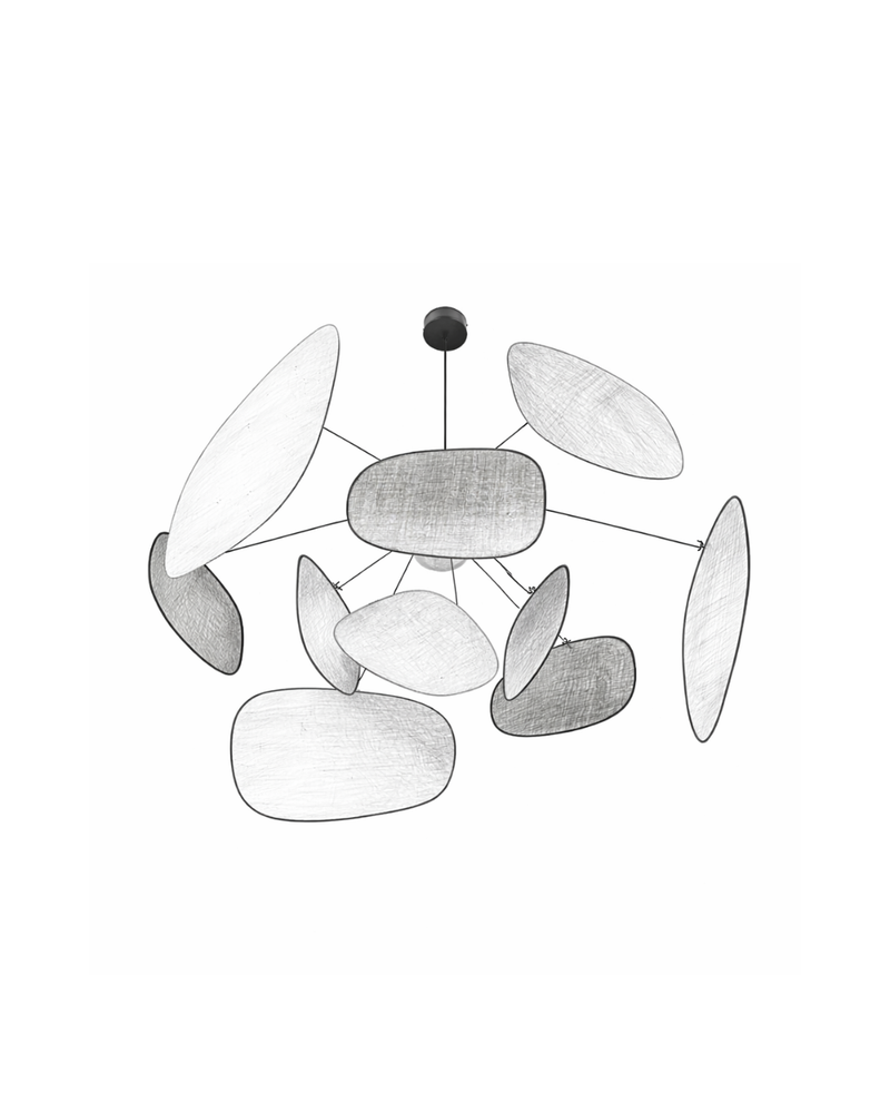 inspiration  de l'artiste Calder, luminaire à panneaux suspendu