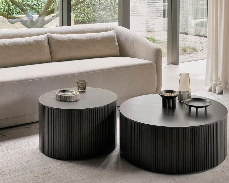 table basse en acajou avec coffre, table de salon noir ronde