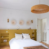 décoration luminaire chambre, suspension, raphia et franges beige